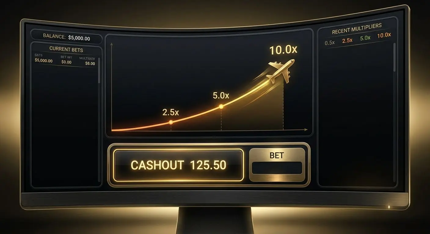 Interfaccia di Aviator con aereo, moltiplicatore crescente e pulsante cashout