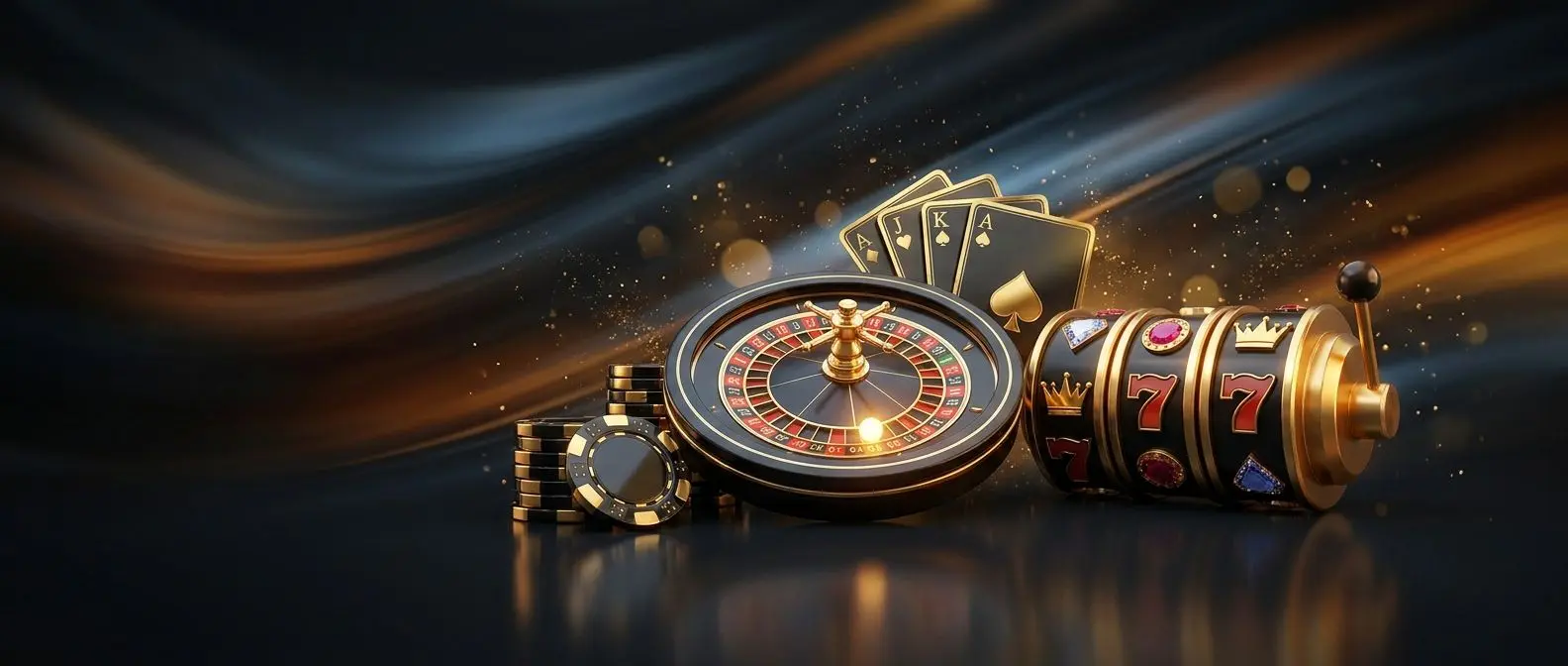 Banner premium con fiches, carte, ruota e rulli in stile elegante