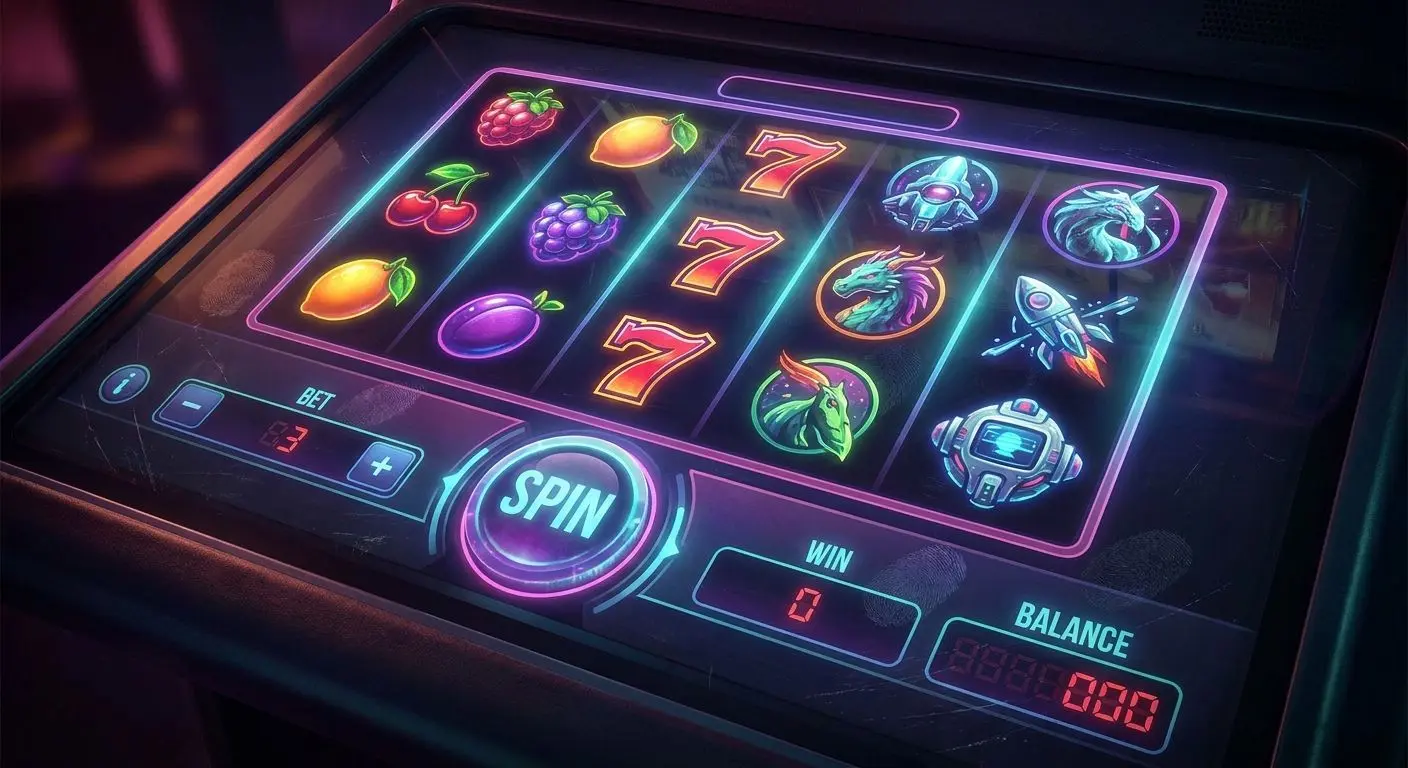 Dettaglio dell’interfaccia di una slot con rulli e pulsante spin