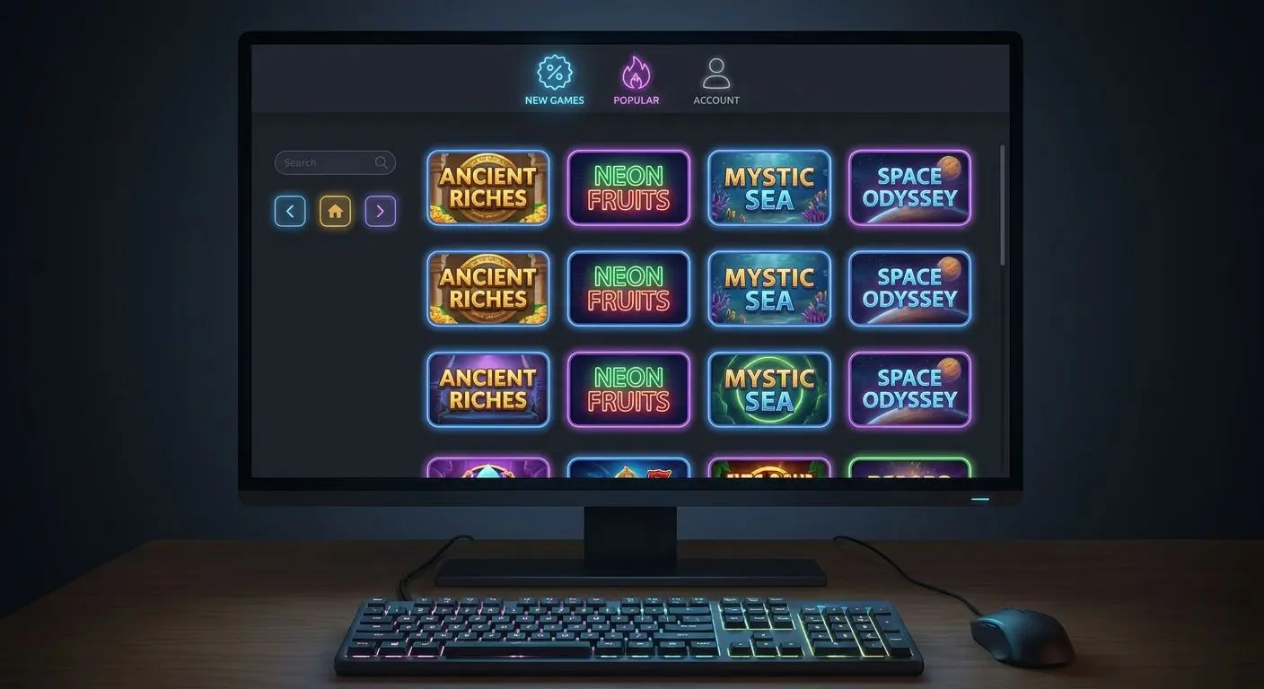 Panoramica stilizzata della lobby slot con più giochi visibili