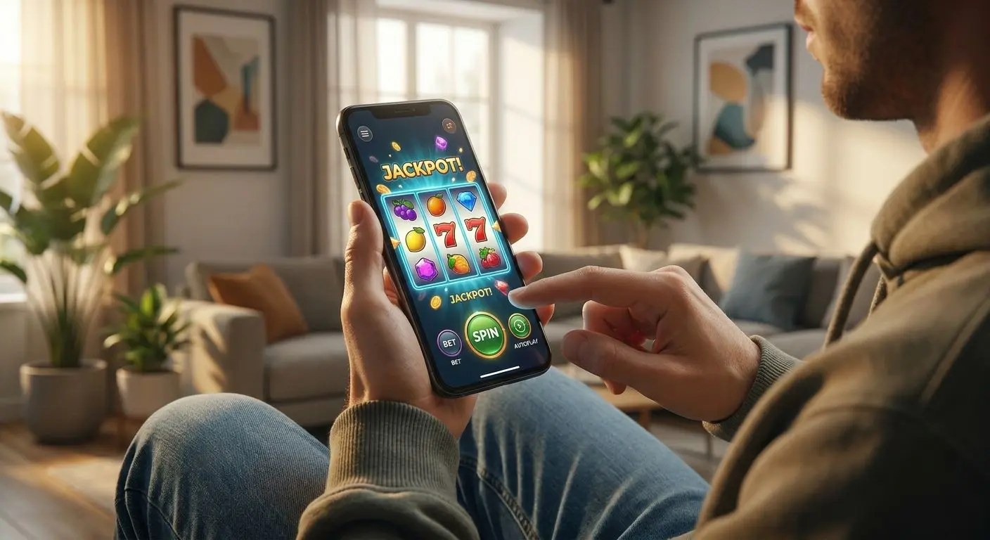 Utente che usa una slot online da smartphone con rulli colorati