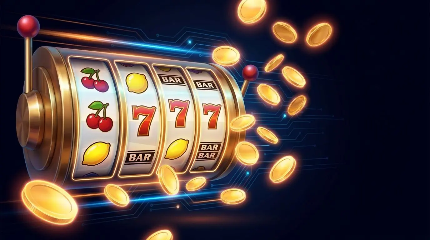 Banner con slot machine stilizzata, monete e simboli classici in atmosfera online