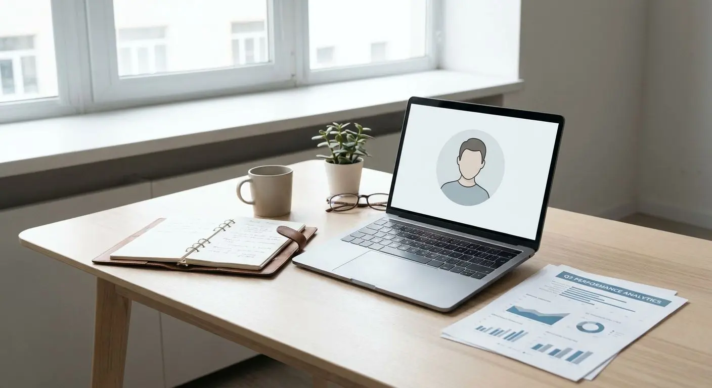 Spazio di lavoro editoriale con laptop e materiali di analisi contenuti
