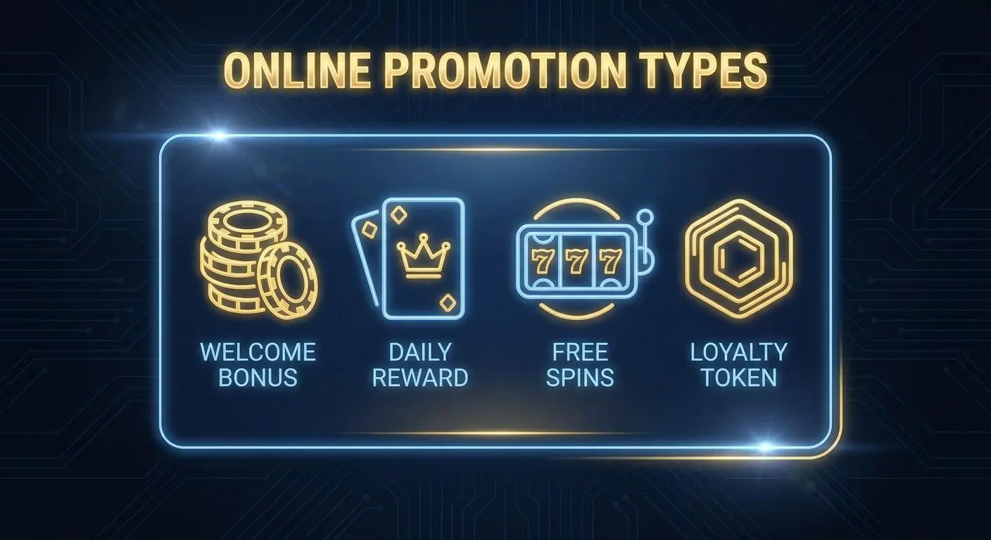 Illustrazione dei diversi tipi di promozioni online con icone bonus e giochi