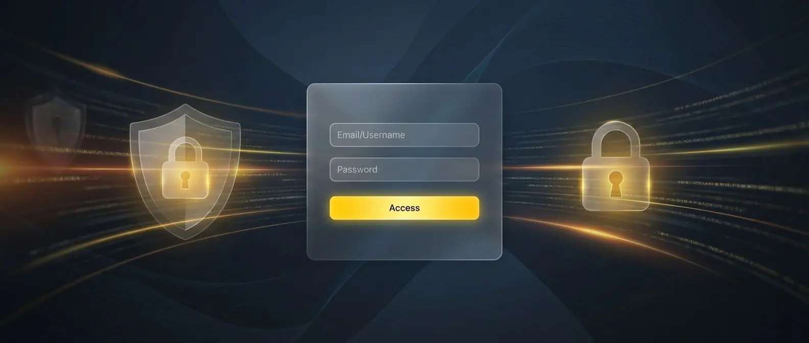 Interfaccia di accesso sicuro con modulo login e simboli di protezione dati