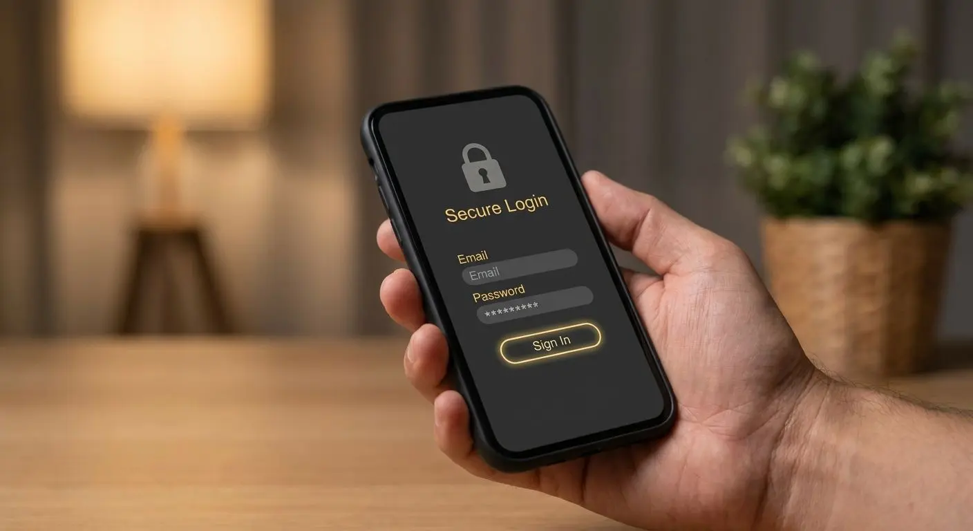 Smartphone con schermata di login aperta e campi di accesso visibili