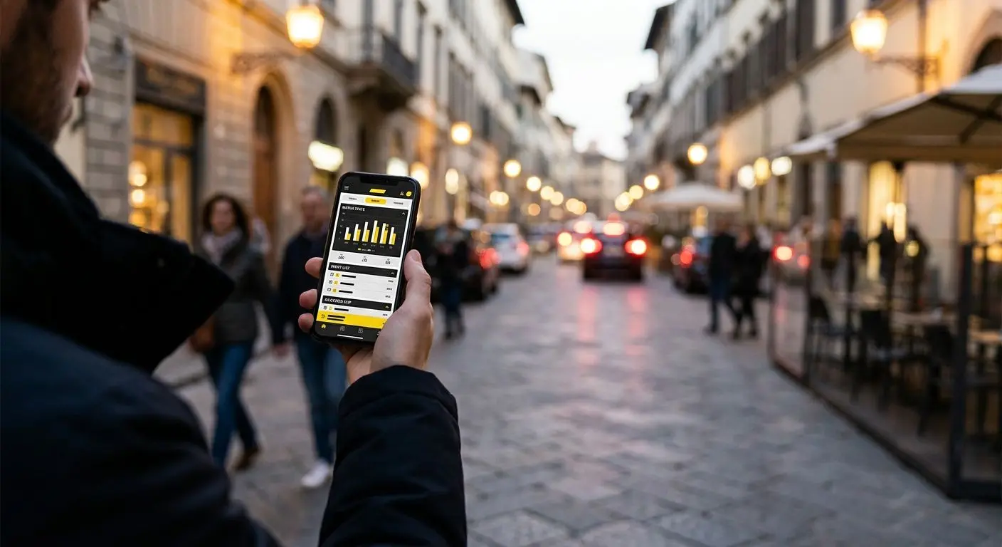 Utente con smartphone in città mentre usa l’interfaccia mobile di Bwin