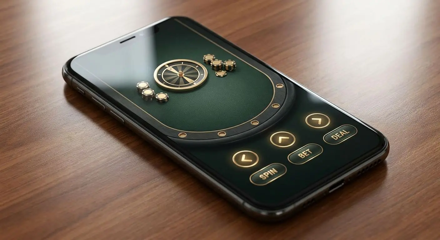 Smartphone con schermata mobile giochi stile roulette e slot