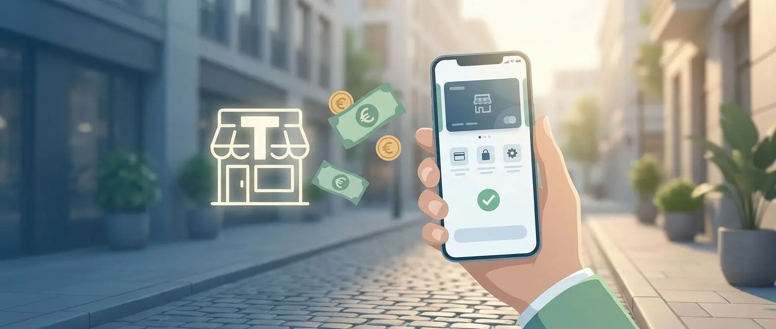 Smartphone con app di pagamento generica e simboli di tabaccheria e contanti