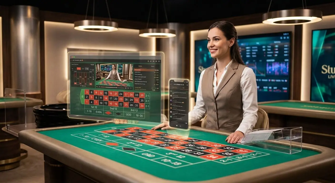 Tavolo di roulette live con croupier e interfaccia desktop mobile