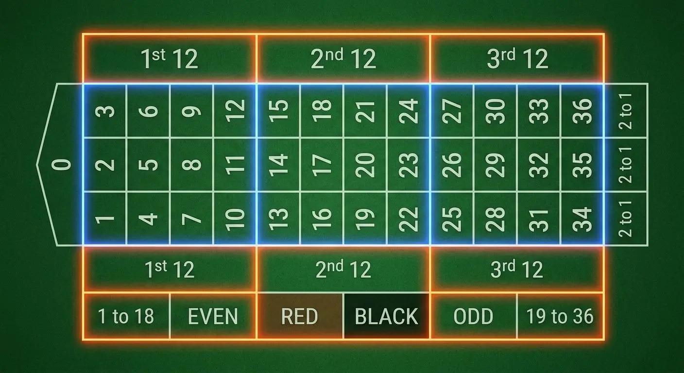 Schema tavolo roulette con zone puntate interne ed esterne