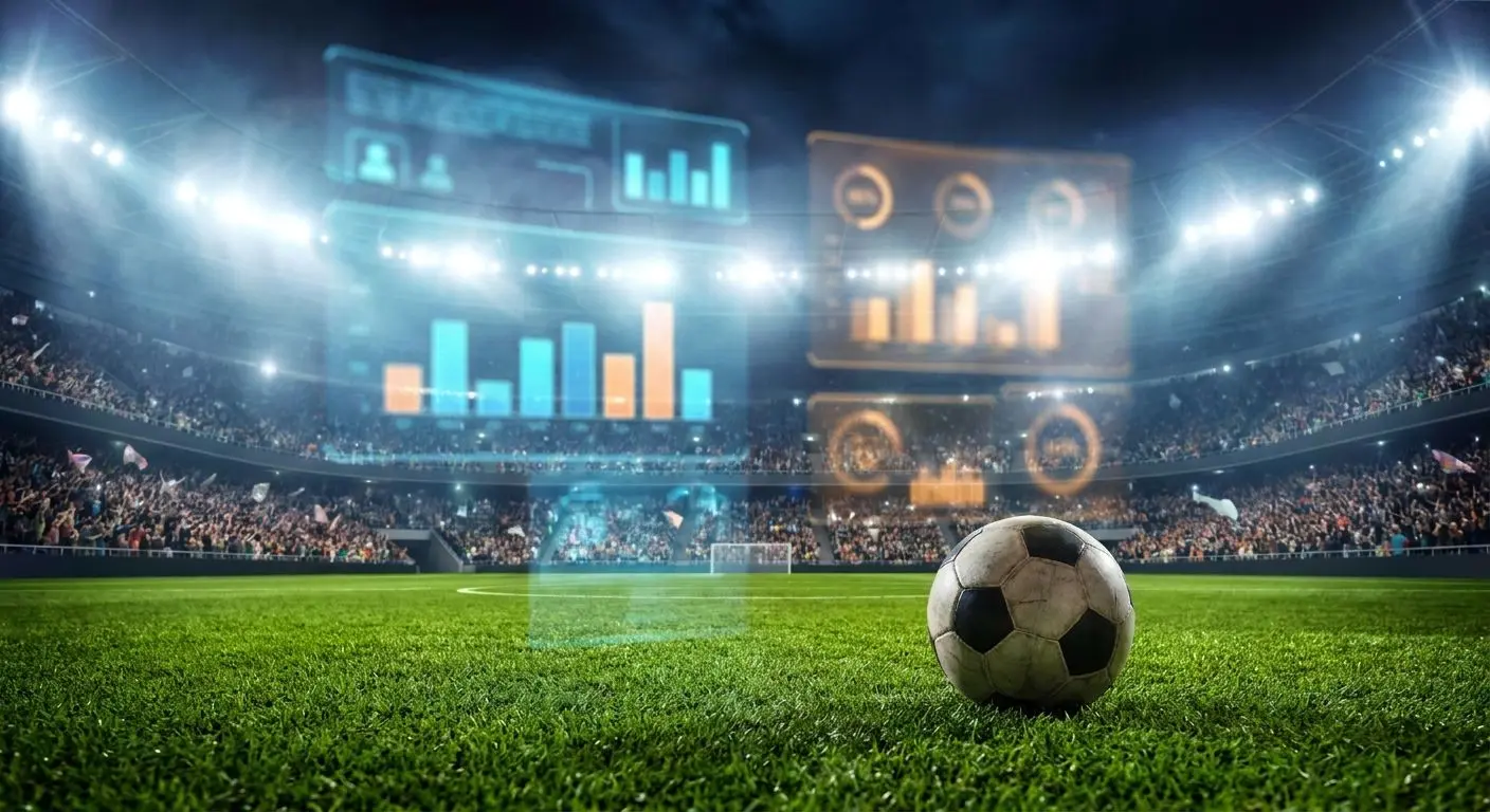 Stadio illuminato con pallone in primo piano e grafica sportiva sul calcio