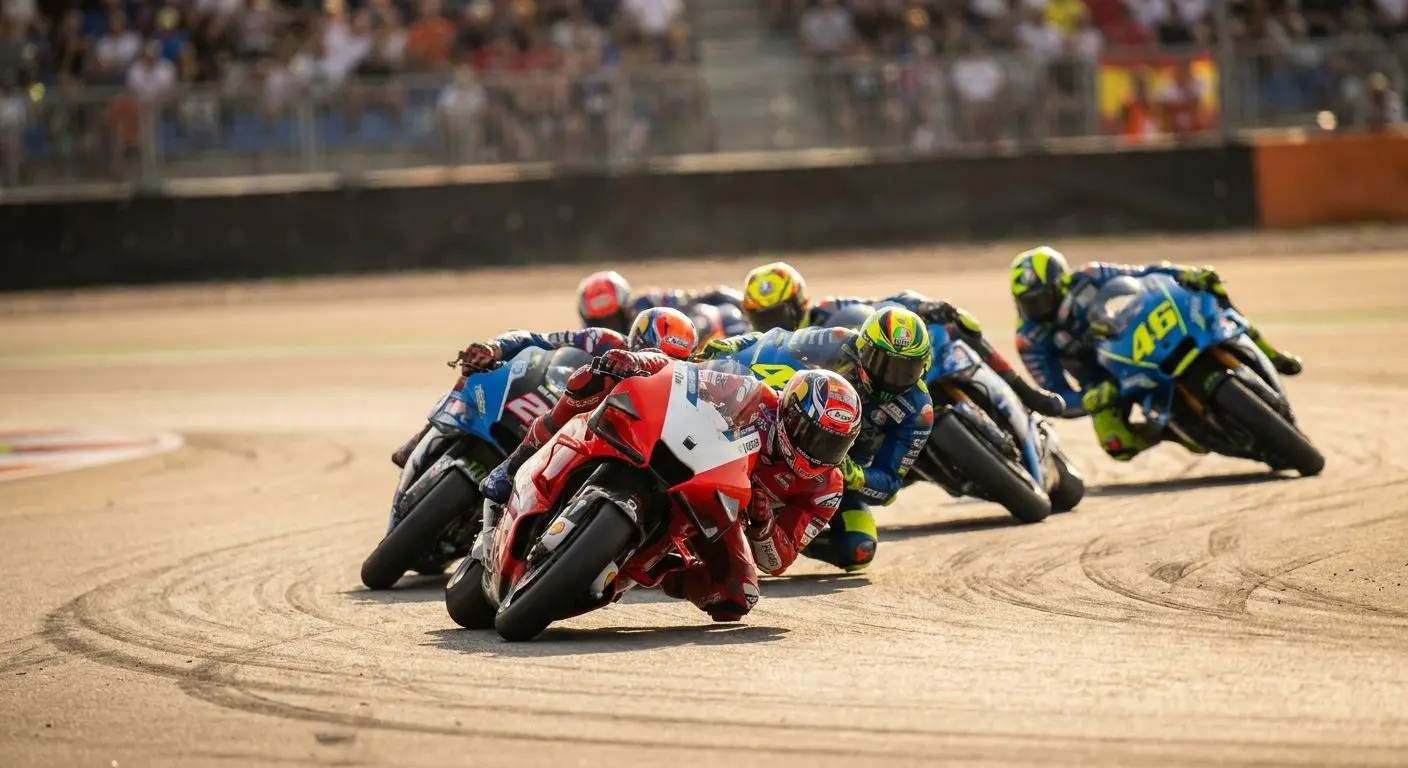 Azione di gara MotoGP in curva con più piloti