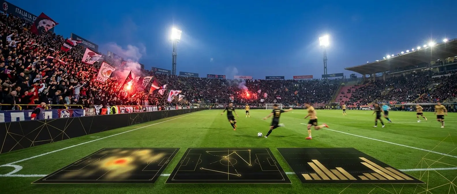 Atmosfera di partita di calcio italiano con stile premium e focus su analisi sportiva