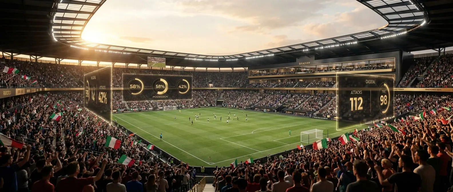 Stadio di calcio italiano con atmosfera partita e pannelli dati sportivi