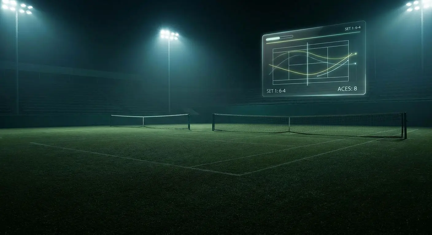 Campo da tennis notturno con pannello statistiche in stile torneo su erba