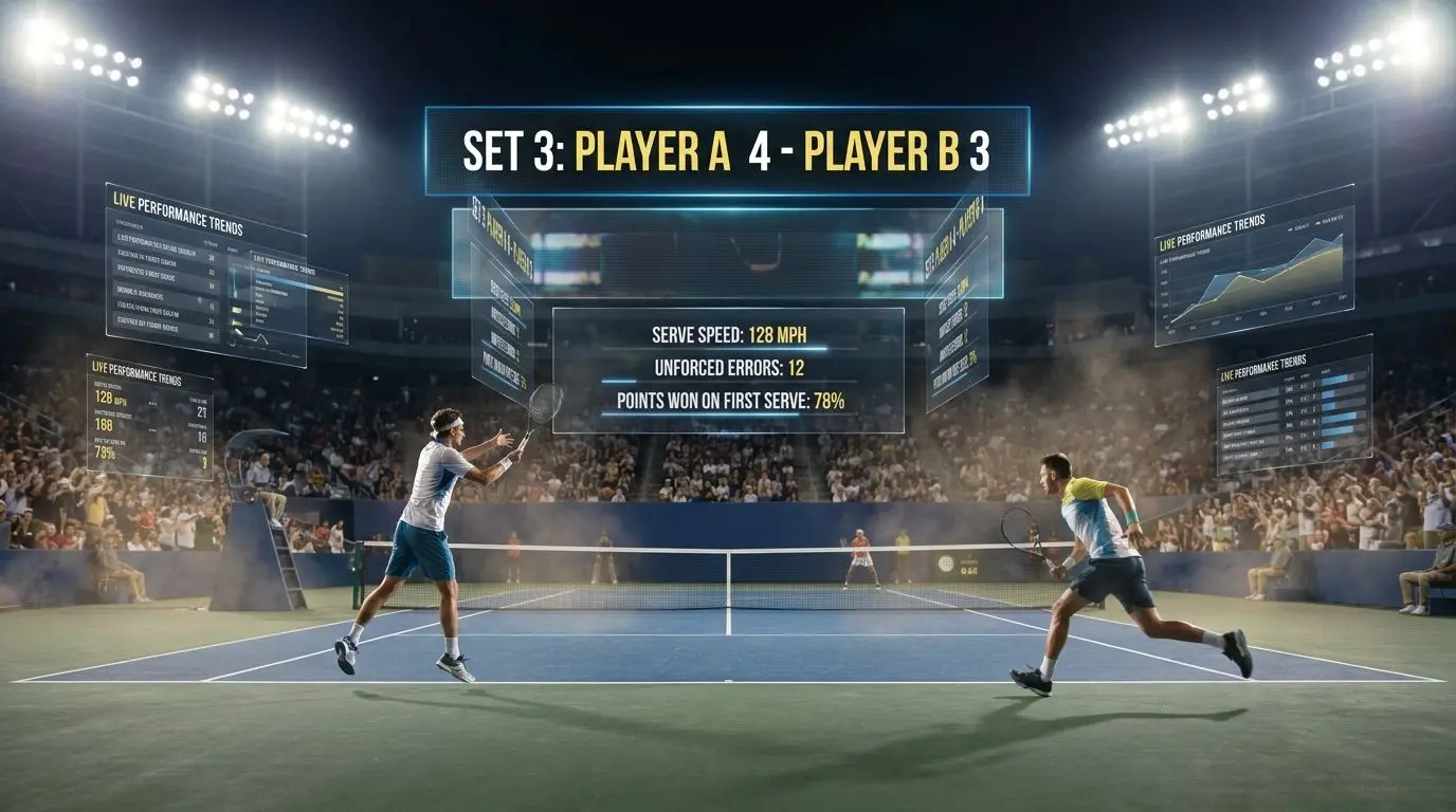 Match di tennis con scoreboard live e aggiornamento dati in tempo reale