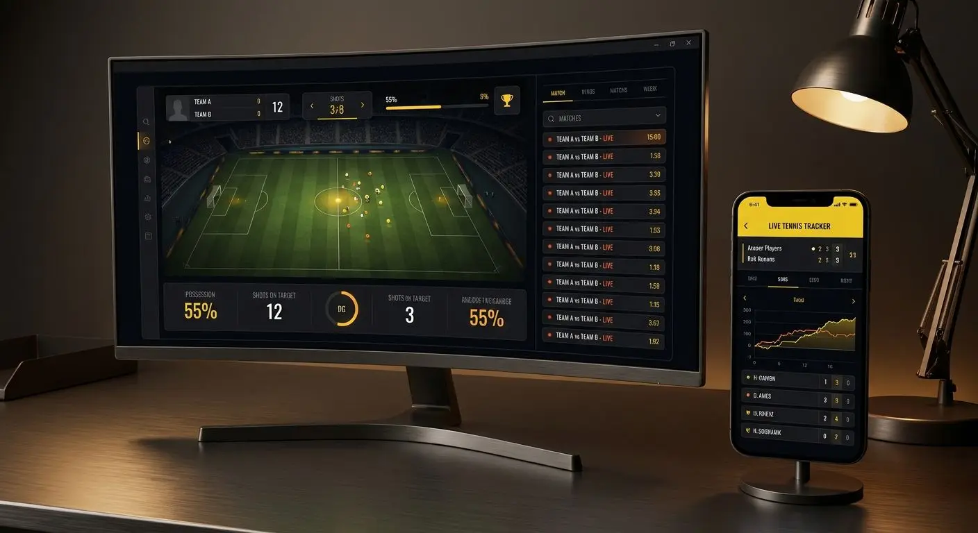 Interfaccia live sportiva su desktop e mobile con eventi in corso