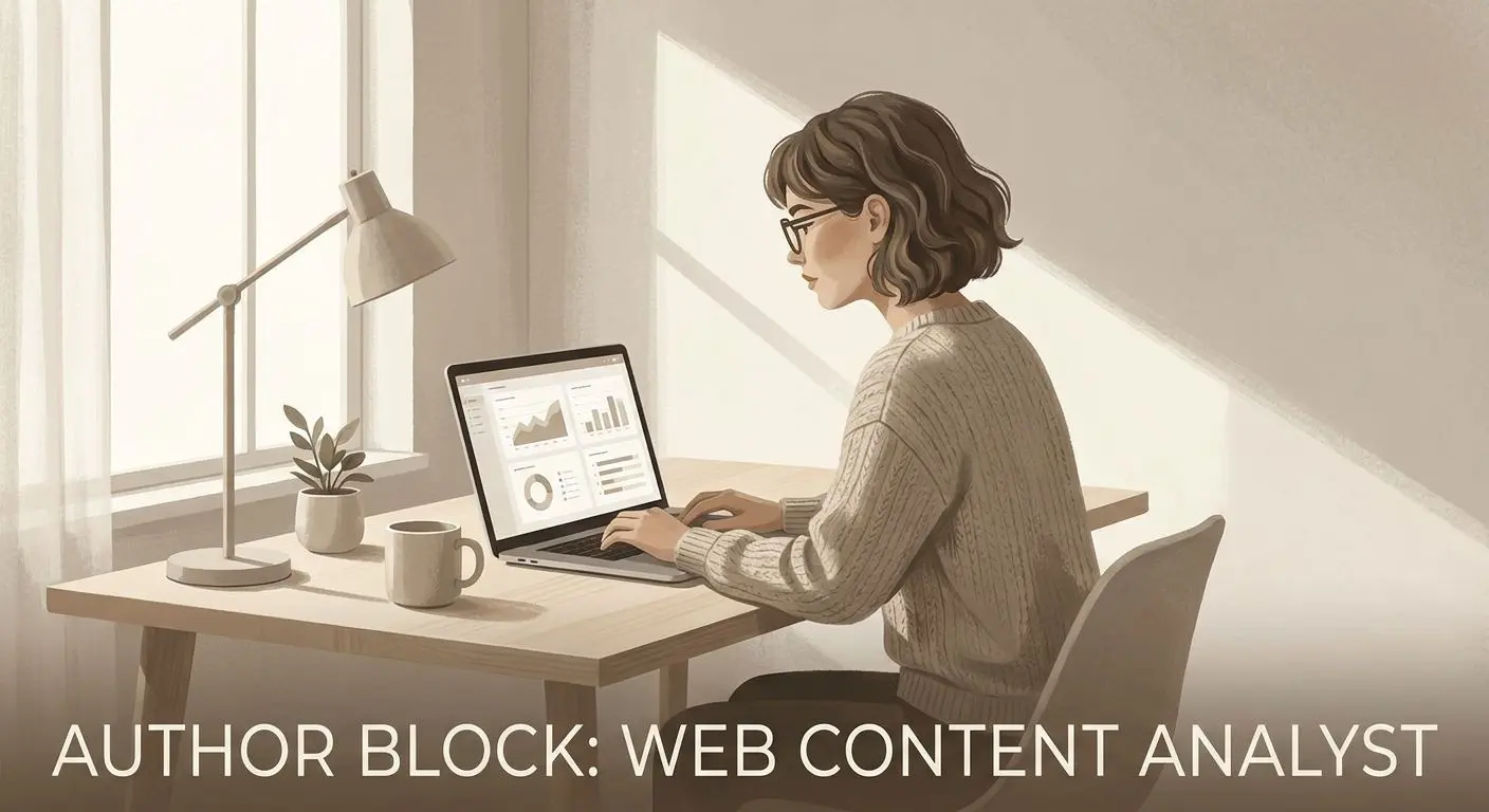 Blocco autore stilizzato con analista di contenuti al computer