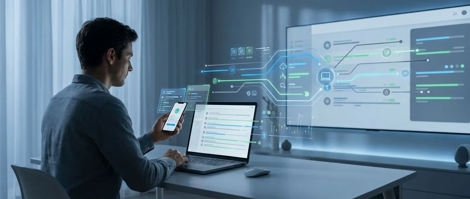 Utente controlla lo stato online di un servizio da laptop e smartphone