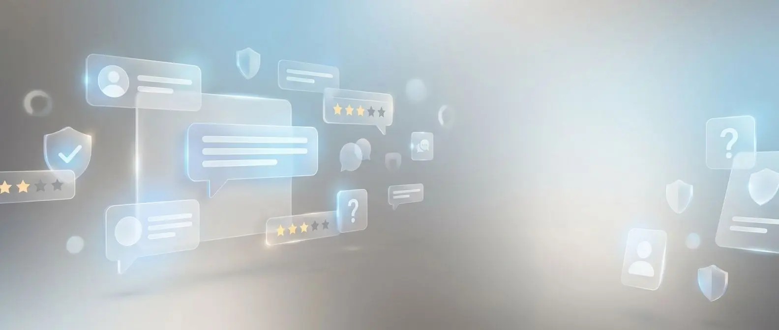 Banner astratto con icone chat, recensioni e stelle in stile supporto