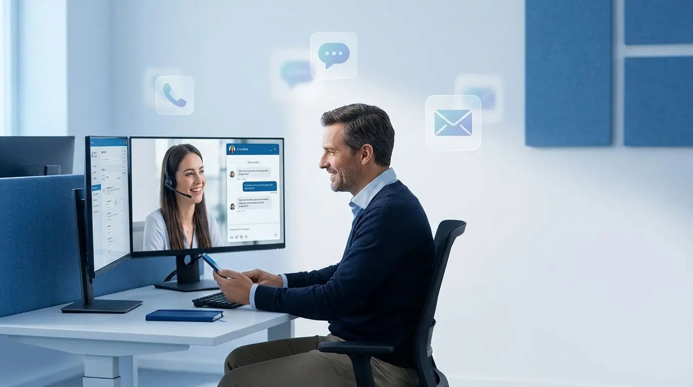 Utente al computer e smartphone mentre contatta il supporto online